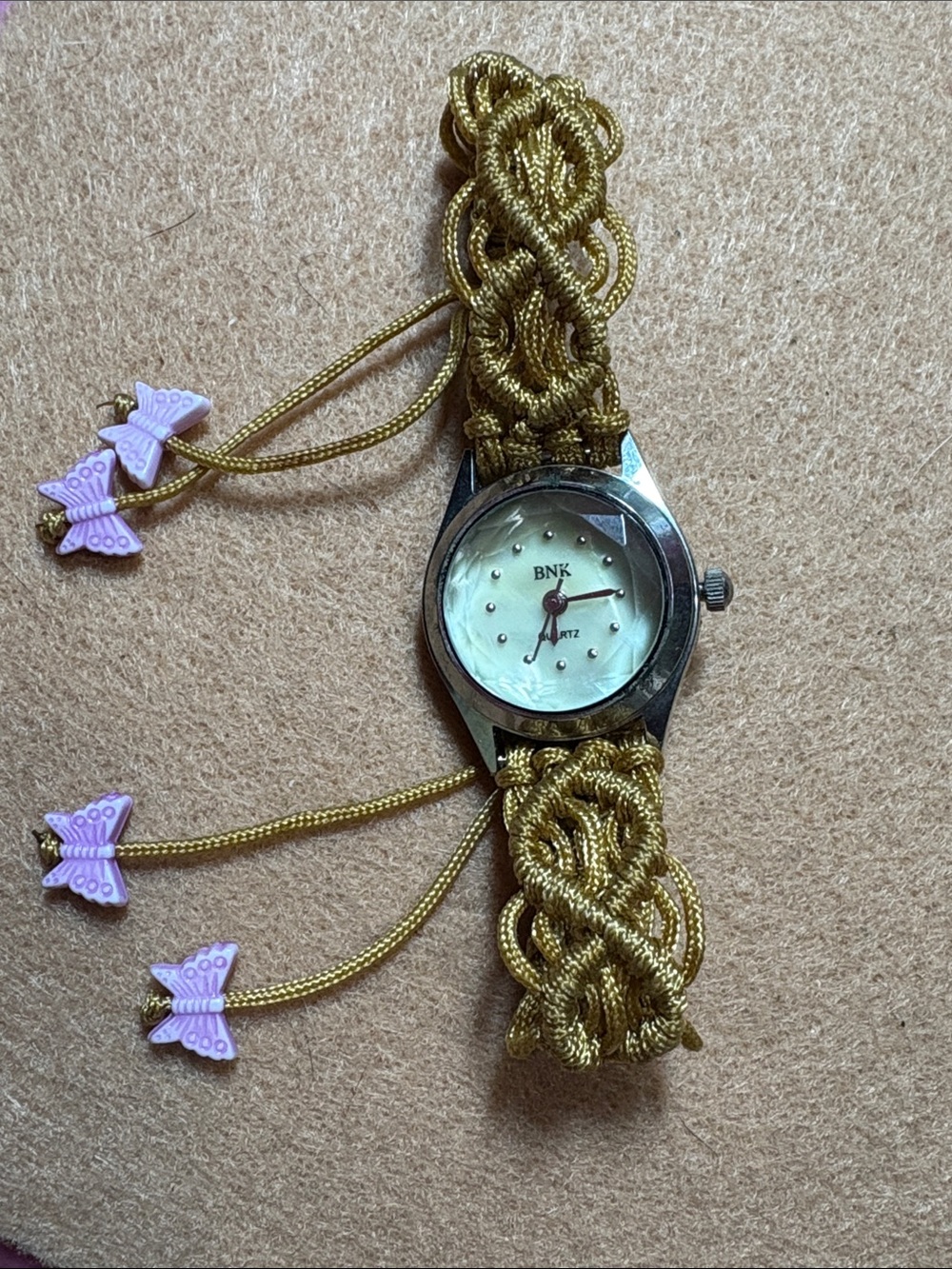 Seiko-BNK-Gold Braided Cord Ladies Watch with Pink Butterfly Accents
